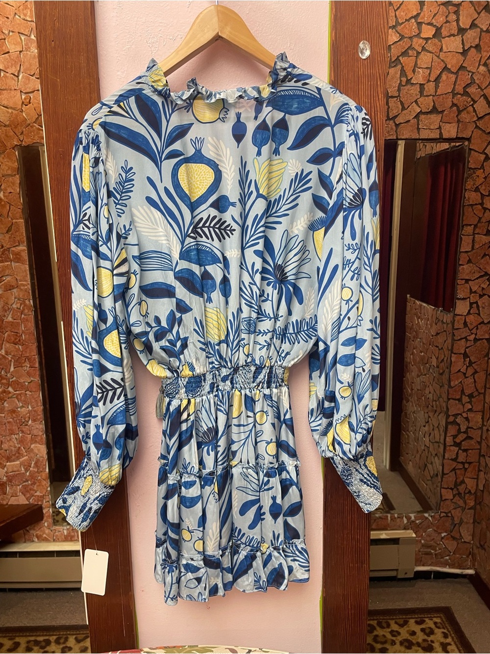 TAJ by Sabrina Crippa Blue and Yellow Floral Long Sleeve Smocked Dress - Picture 9 of 10